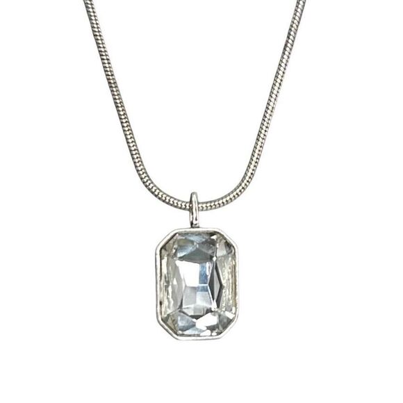 Chico's Long Necklace Women's Silver-tone Rounded Snake Chain Crystal Pendant - Picture 6 of 9